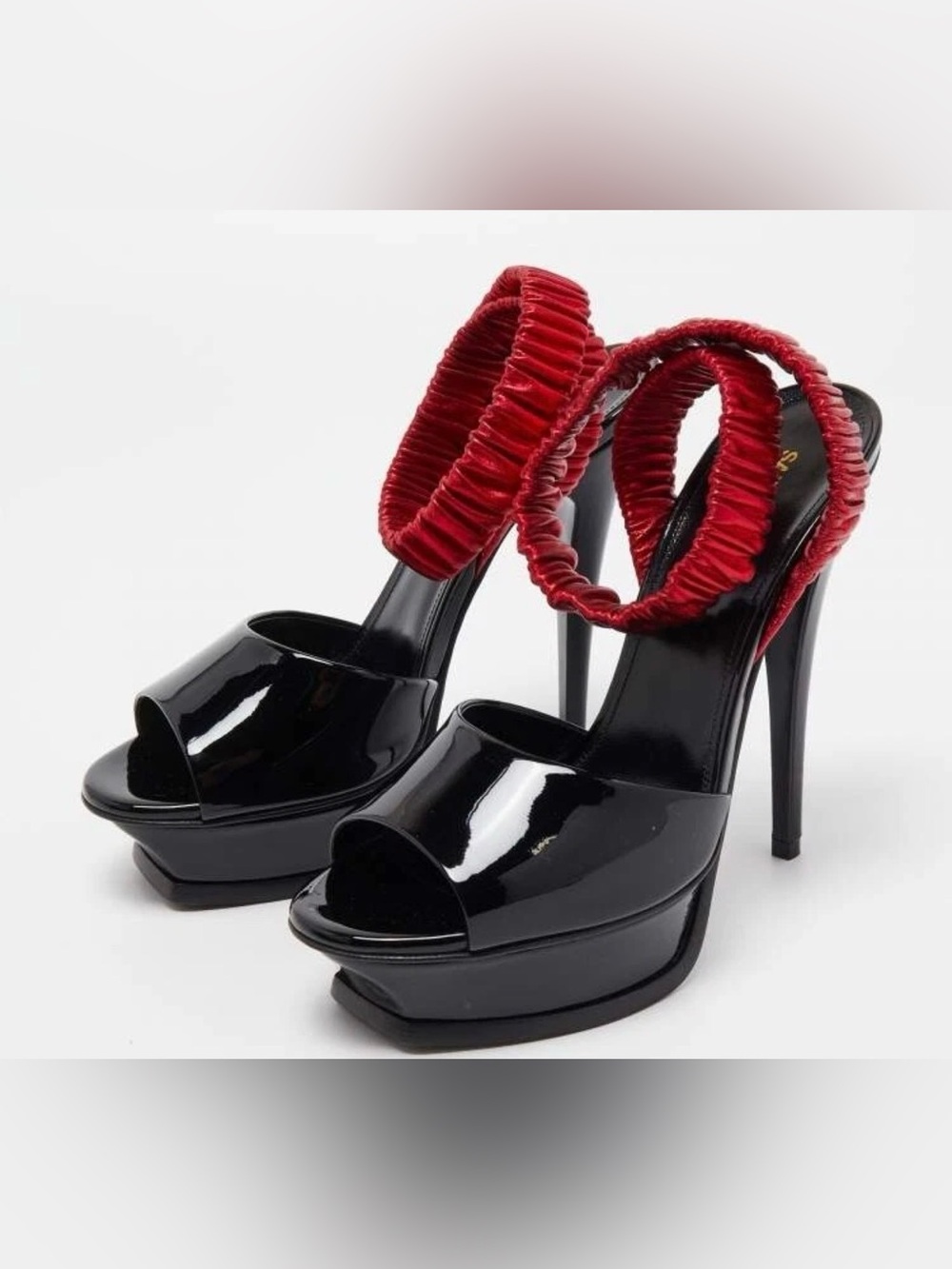Saint Laurent Black Patent Platform Sandals with Red Ruched Ankle Straps